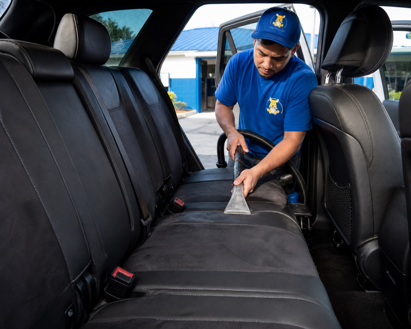 Soapy's team member hand-vacuuming the interior of an SUV