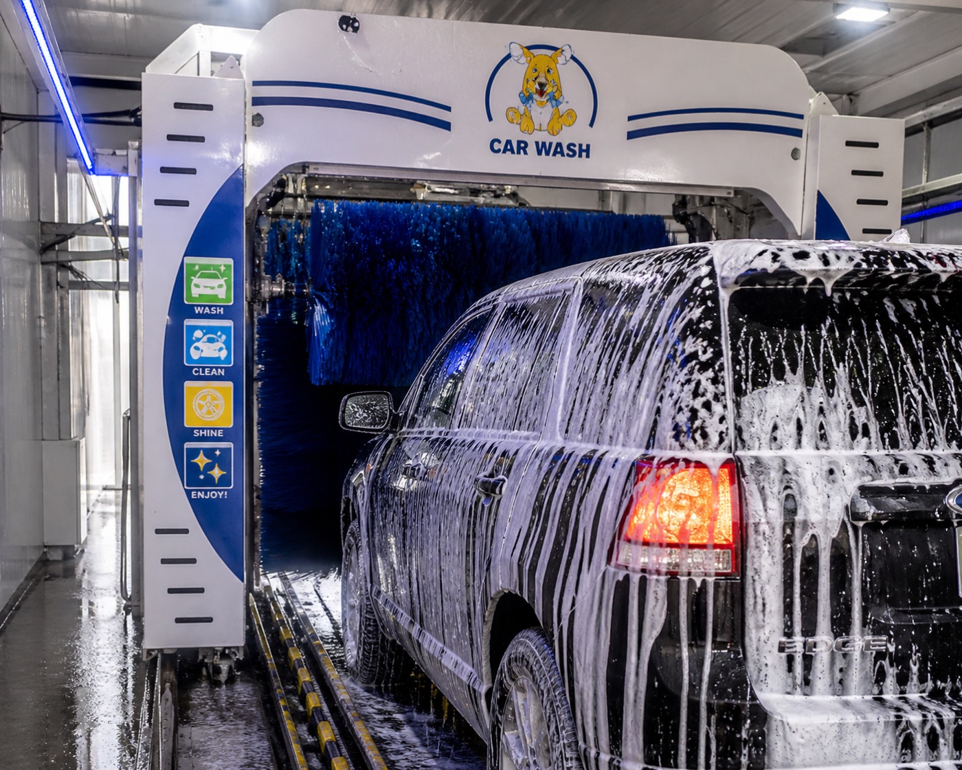 Car going through Soapy's express wash tunnel covered in foam